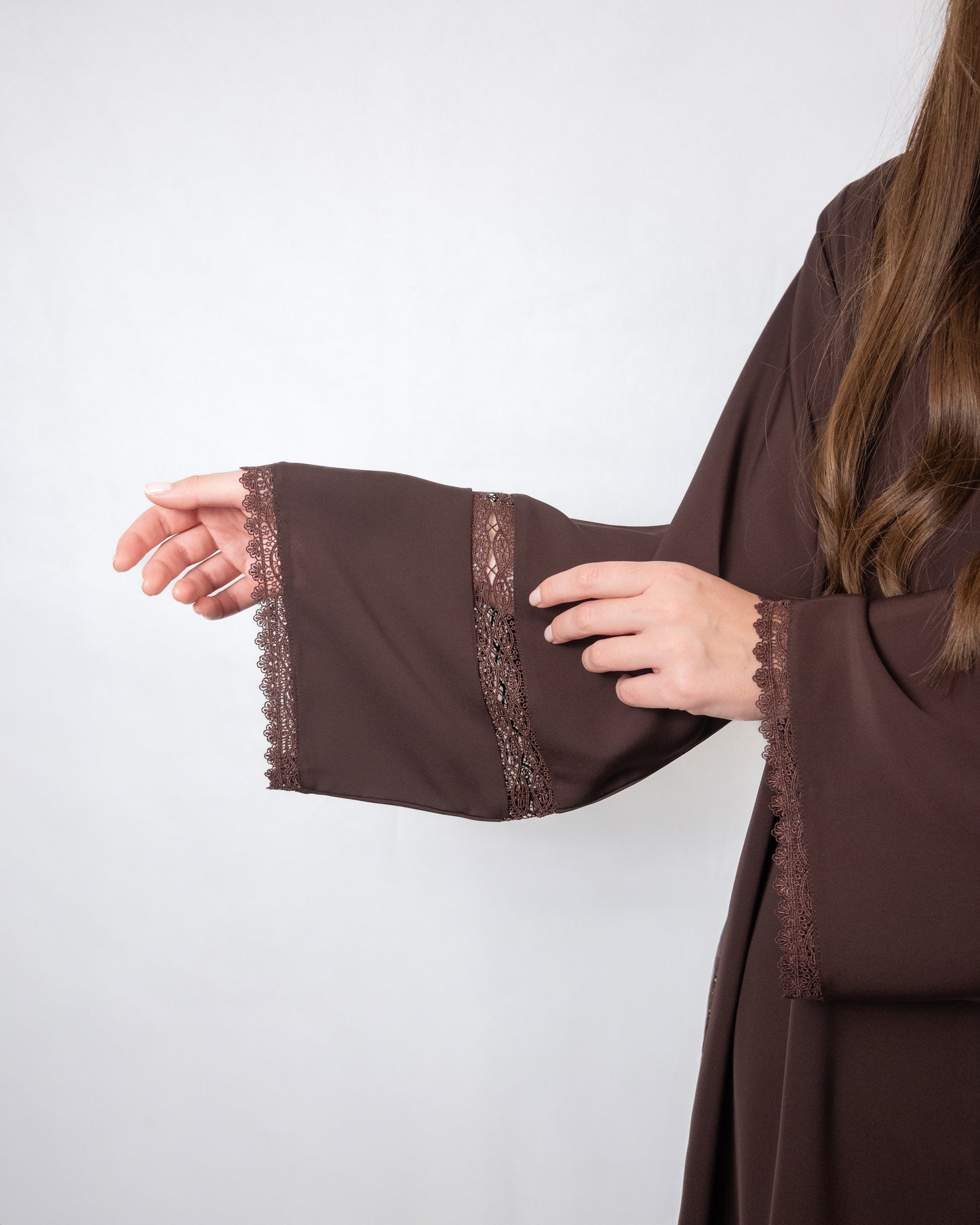 Elegant Chocolate Brown Lace-Trimmed Abaya