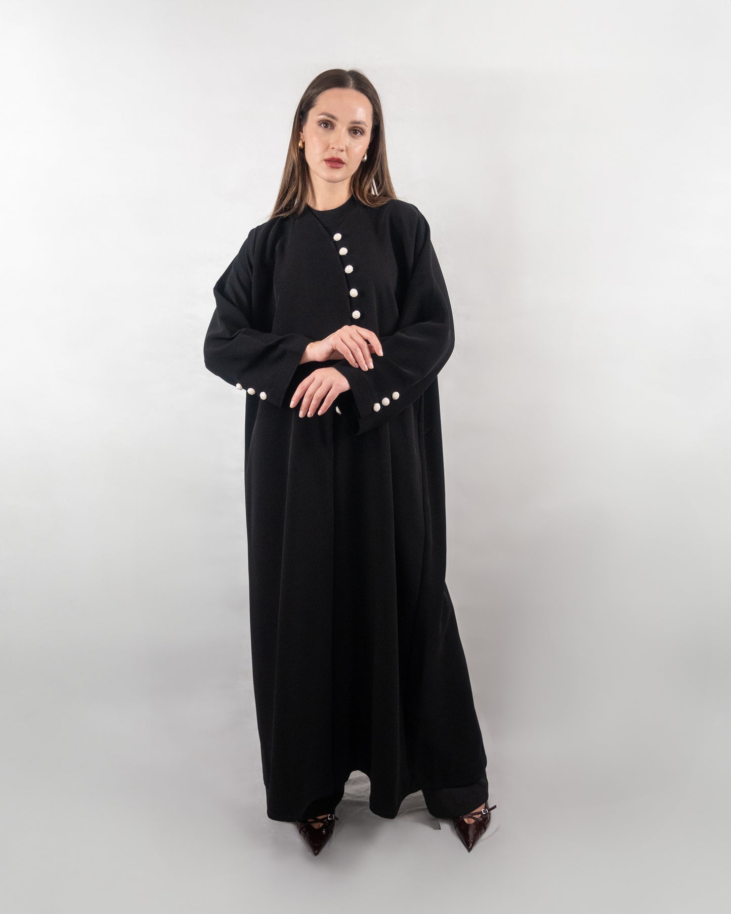 Chic Black Abaya with Pearl Button Detailing