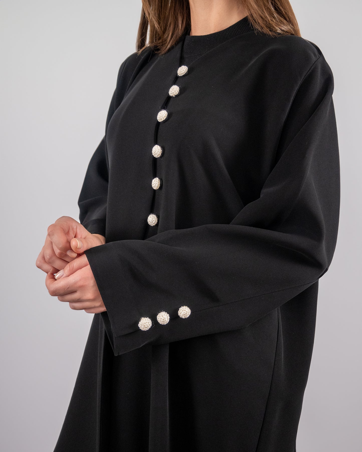 Chic Black Abaya with Pearl Button Detailing