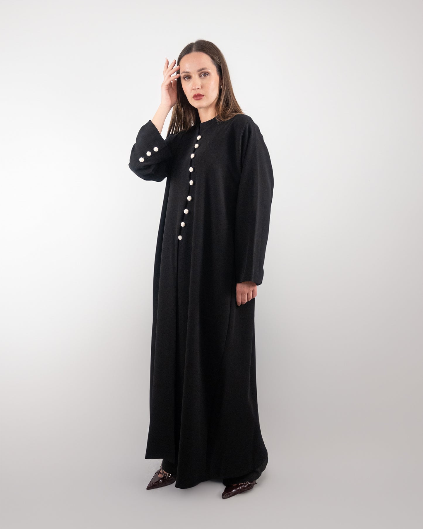 Chic Black Abaya with Pearl Button Detailing