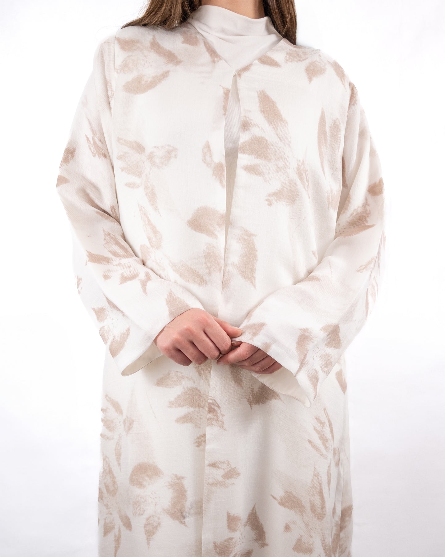 Elegant Printed White Abaya with Subtle Floral Pattern