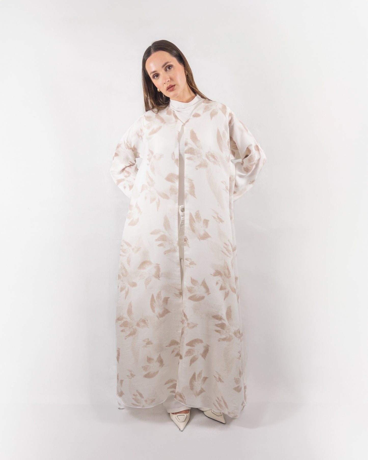 Elegant Printed White Abaya with Subtle Floral Pattern