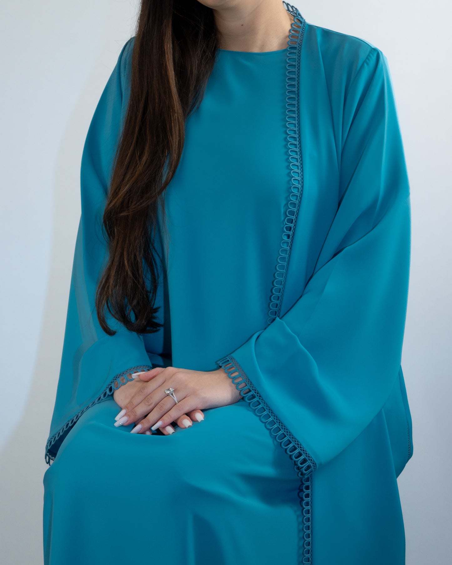 Elegant Teal Blue Abaya with Delicate Trim Detailing