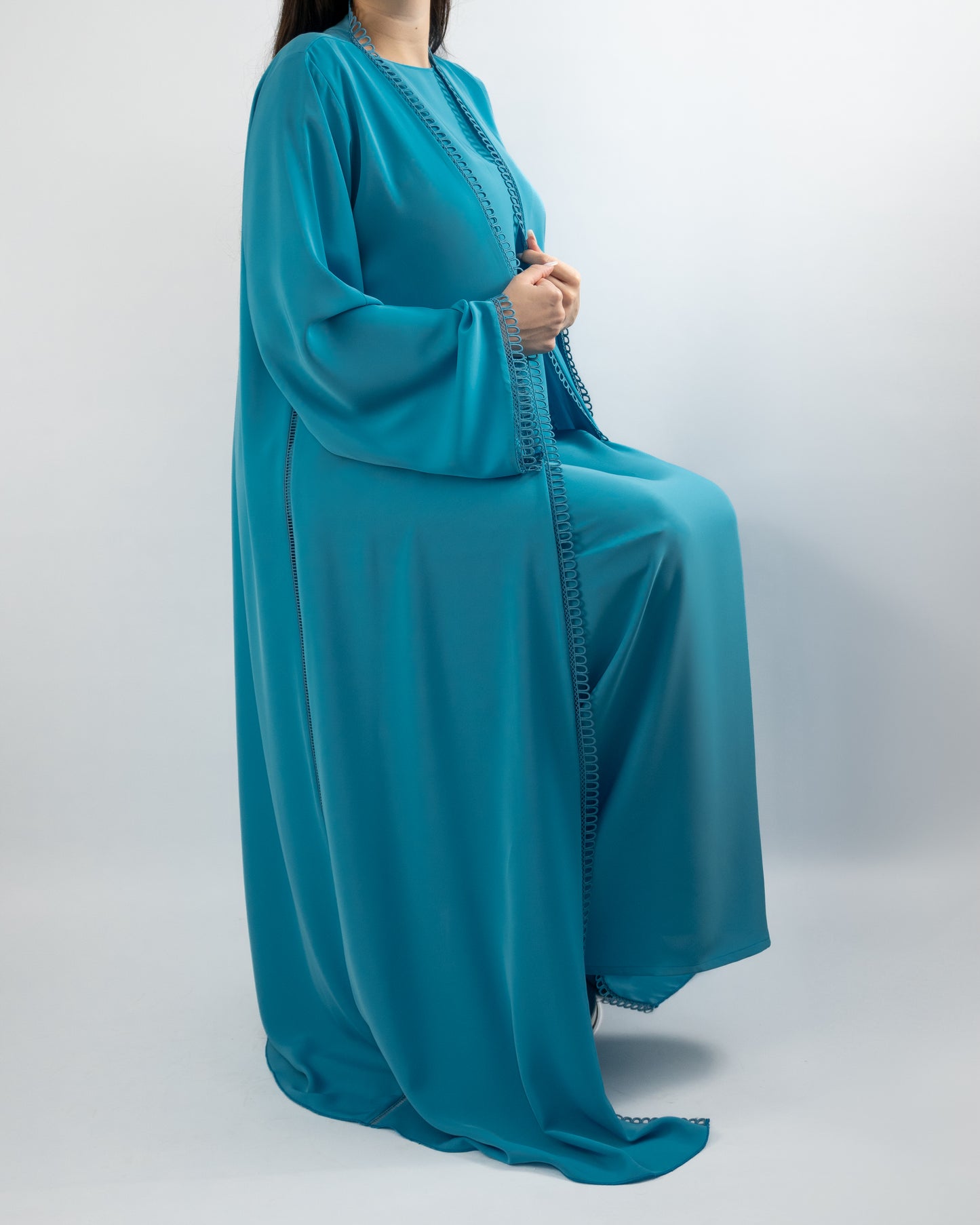 Elegant Teal Blue Abaya with Delicate Trim Detailing
