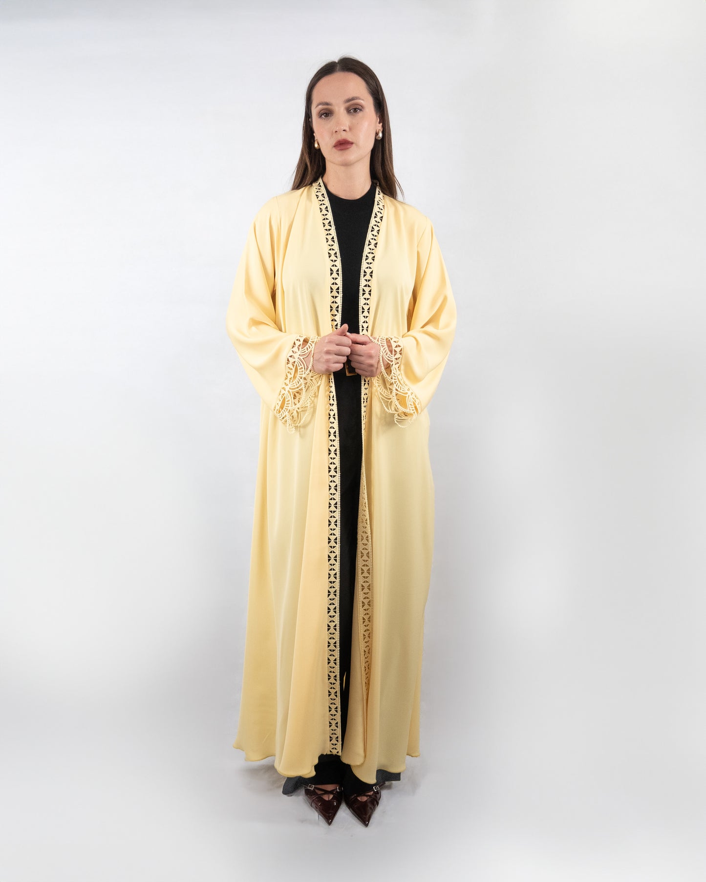 Charming Yellow Abaya with Lace Detailing