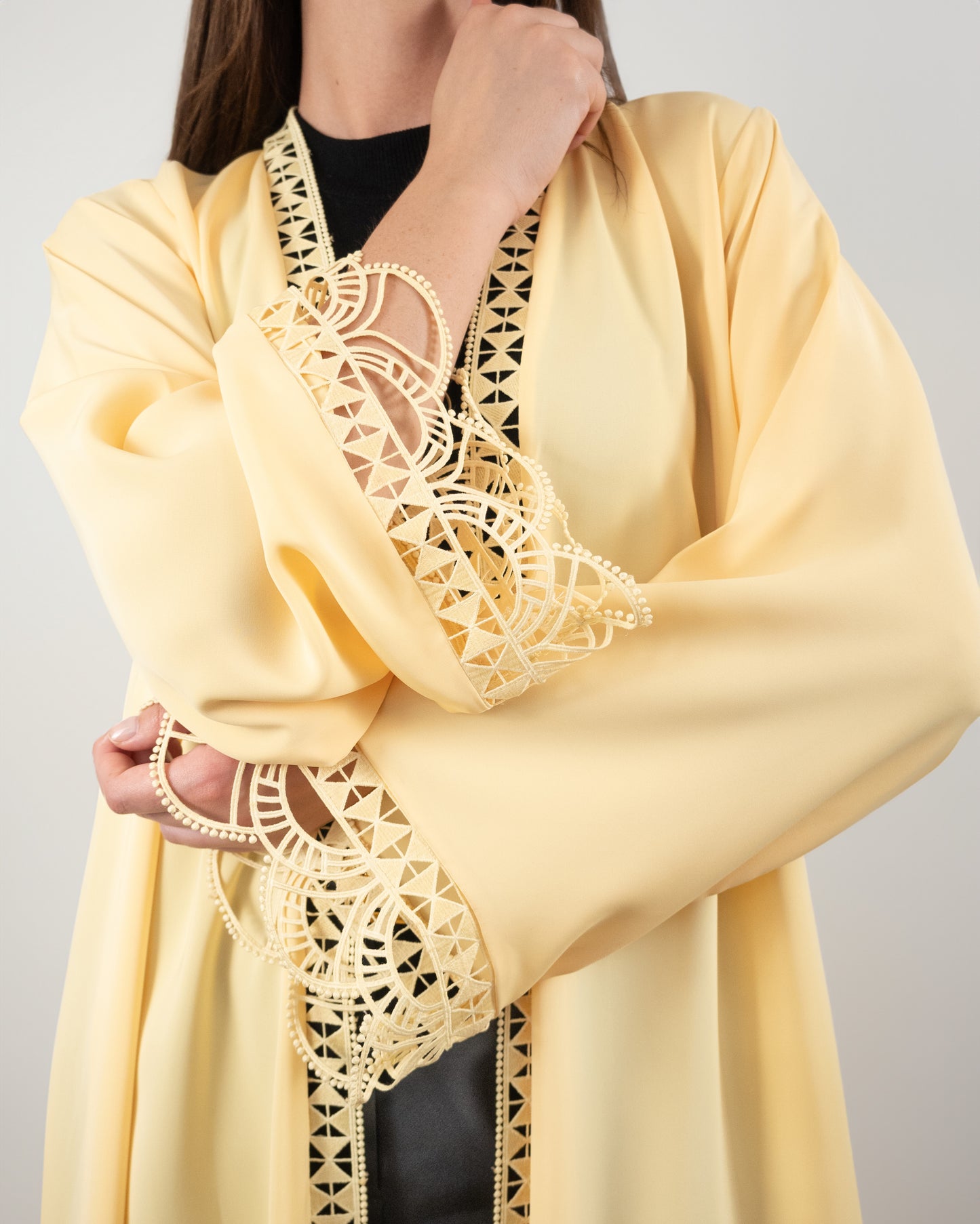 Charming Yellow Abaya with Lace Detailing