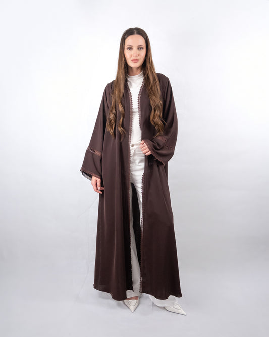 Elegant Chocolate Brown Lace-Trimmed Abaya