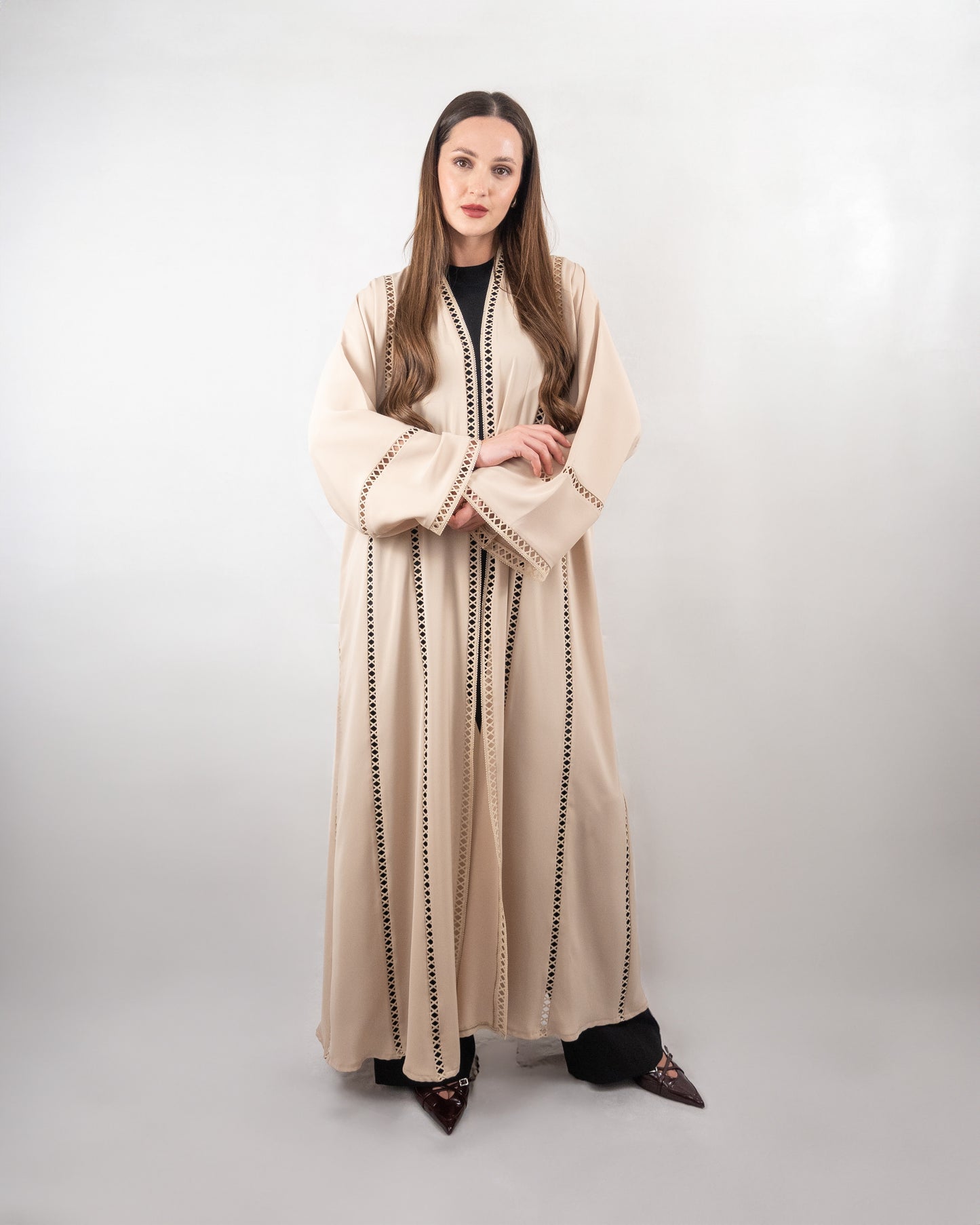 Classic Beige Open Abaya with Intricate Cutout Detailing