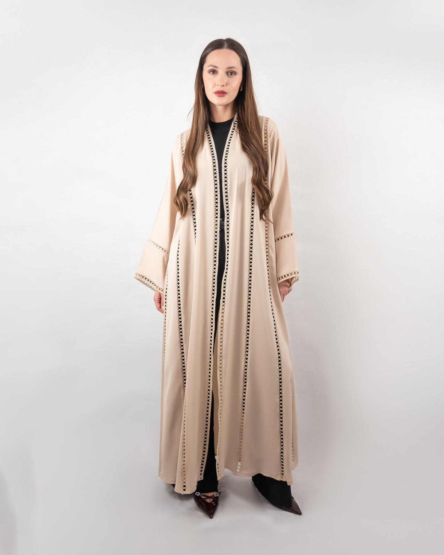 Classic Beige Open Abaya with Intricate Cutout Detailing