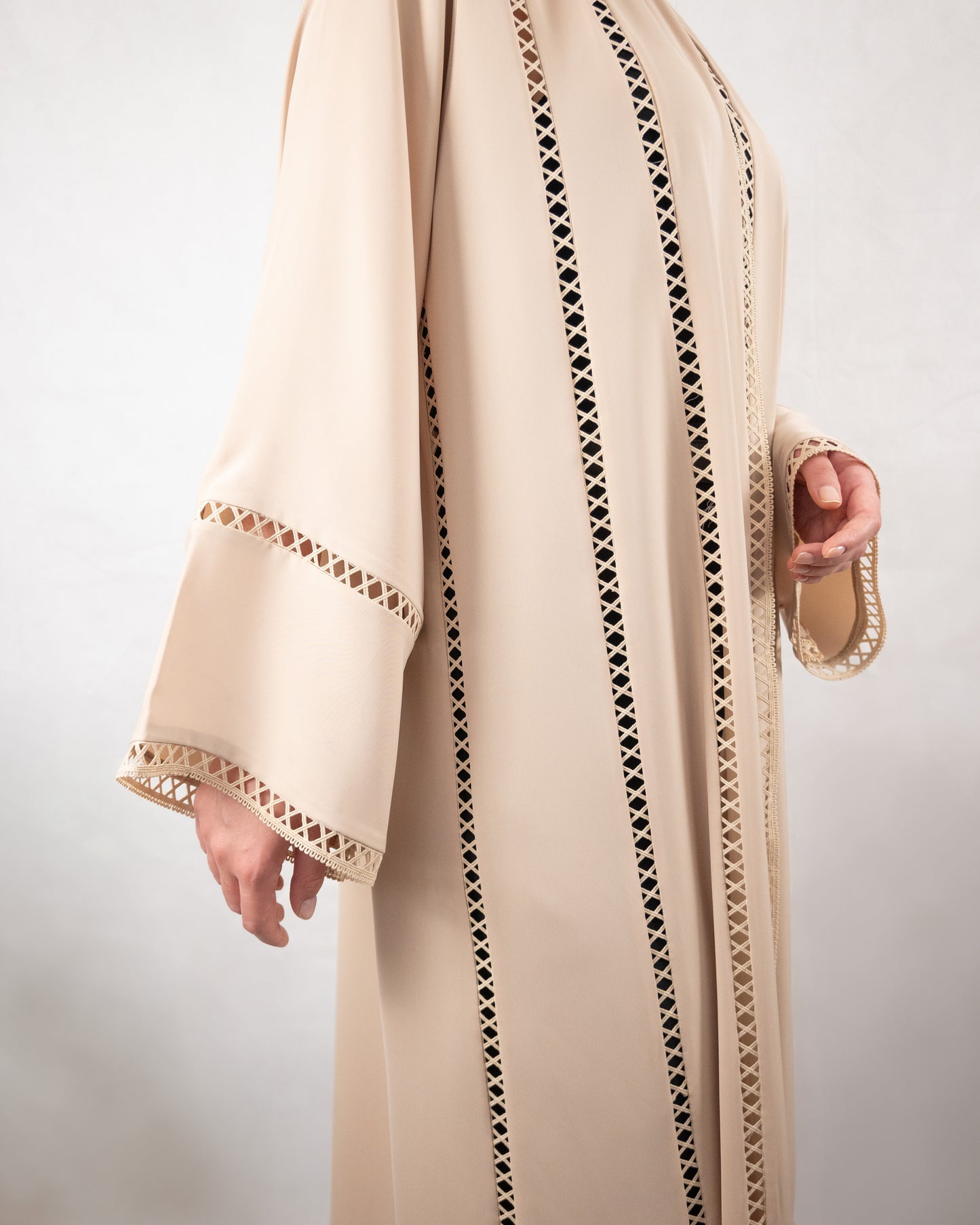 Classic Beige Open Abaya with Intricate Cutout Detailing