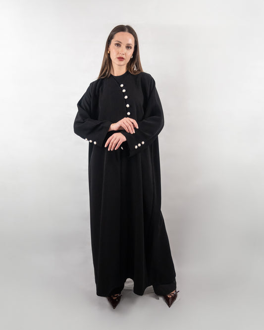 Chic Black Abaya with Pearl Button Detailing