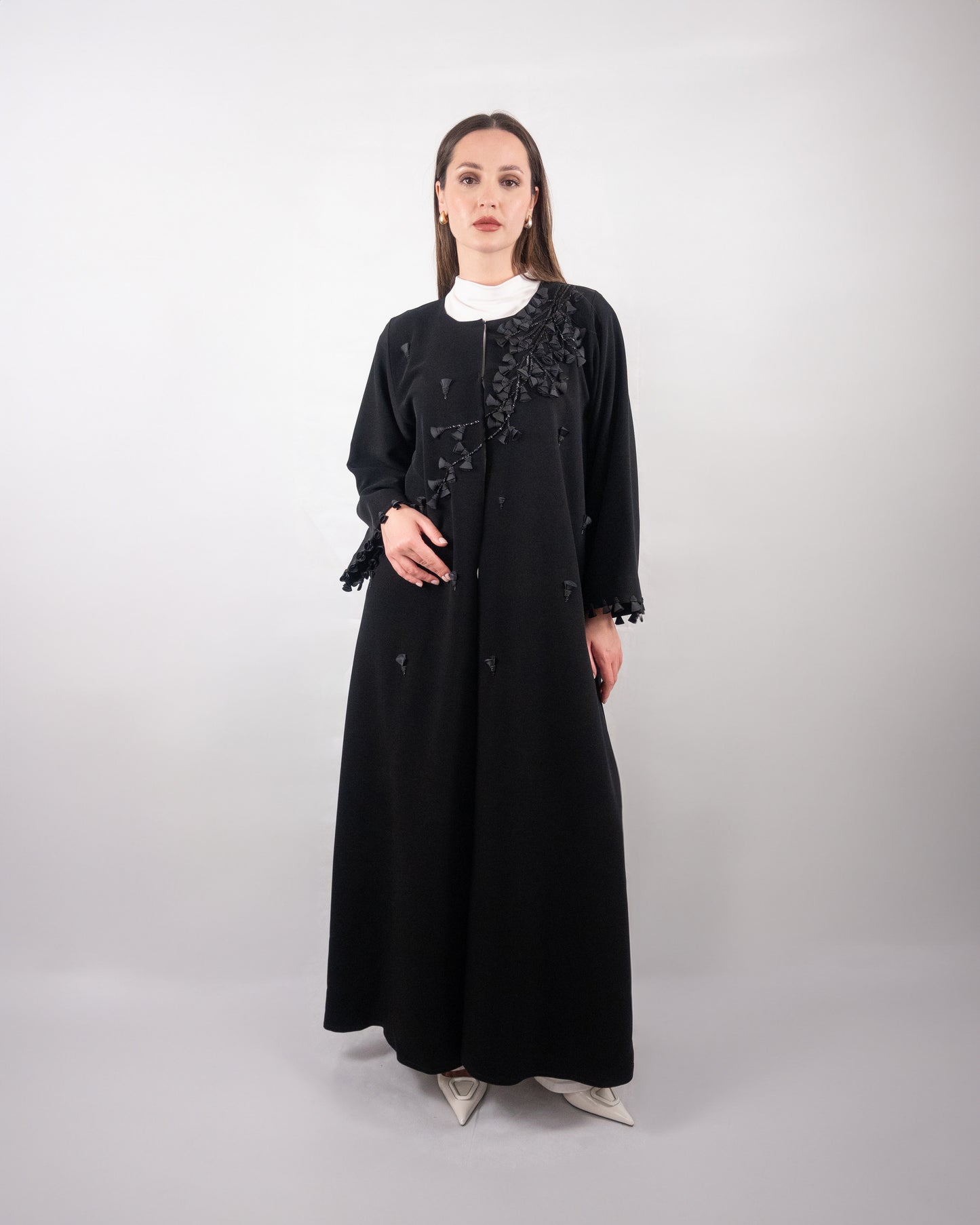 Black Abaya with Textured Floral Appliqué