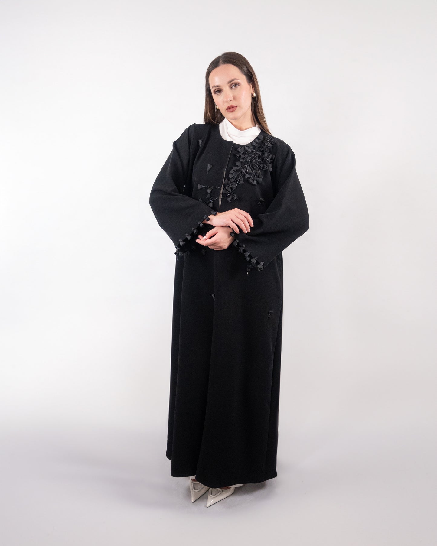 Black Abaya with Textured Floral Appliqué