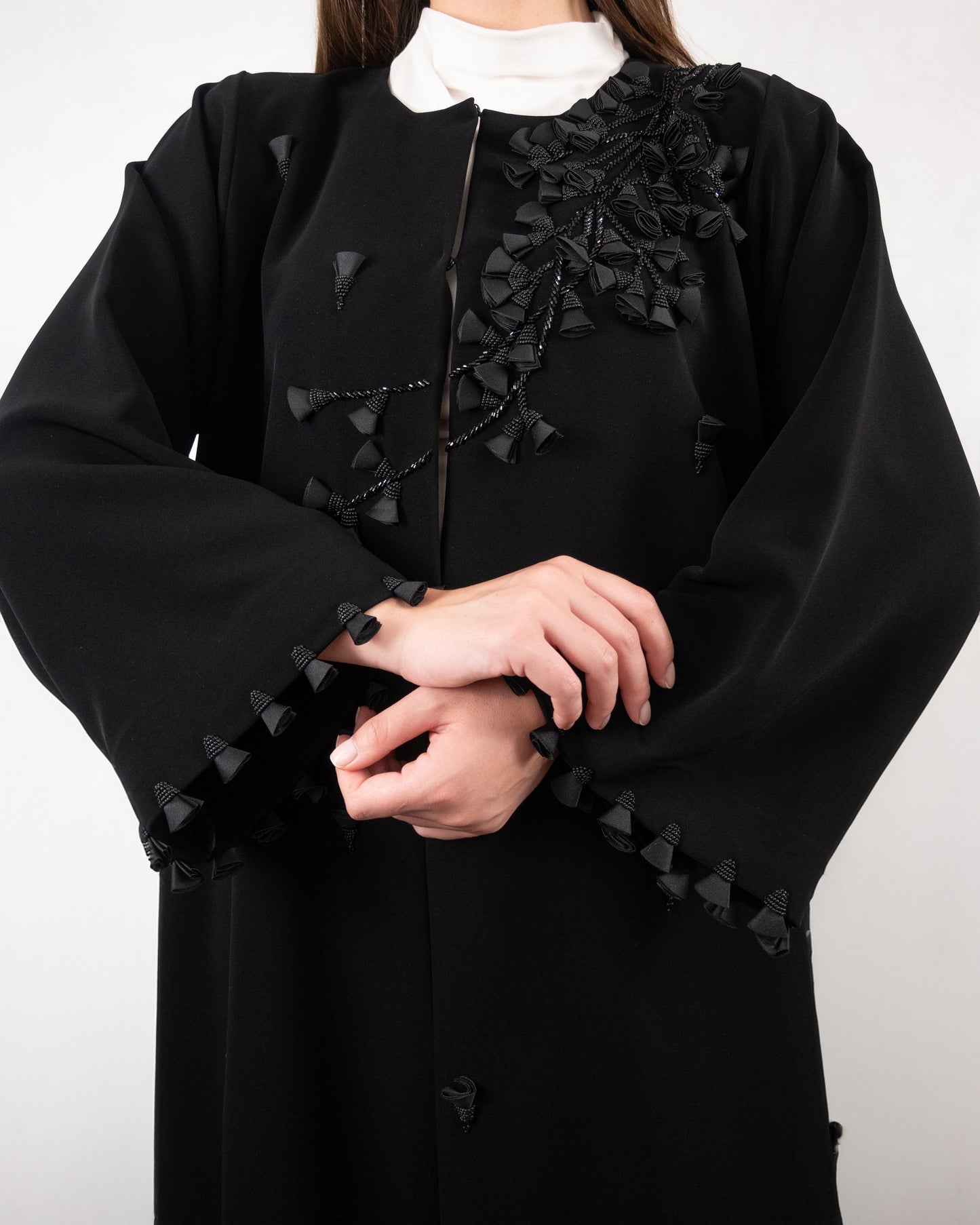 Black Abaya with Textured Floral Appliqué