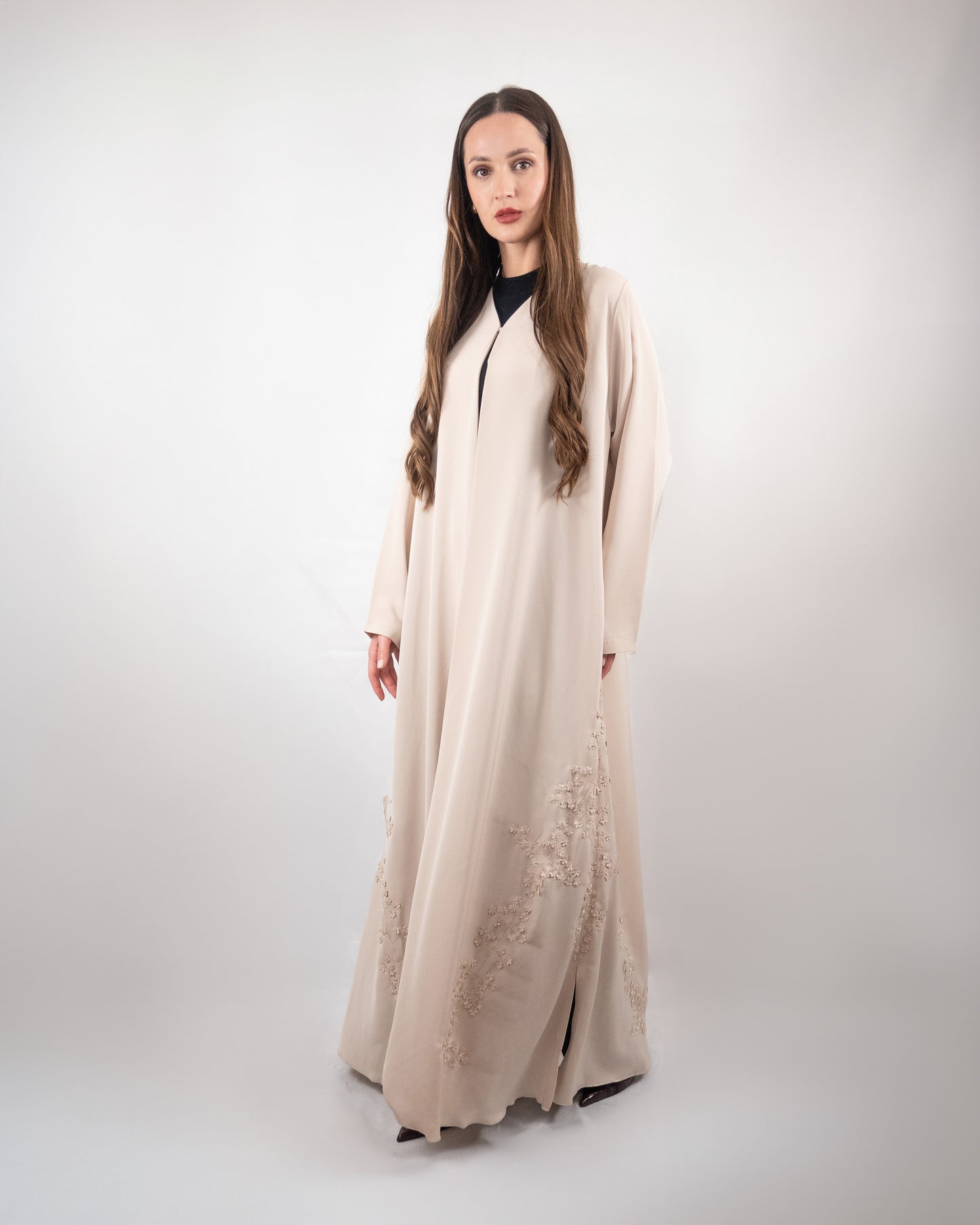 Beige Abaya with Delicate Floral Embroidery