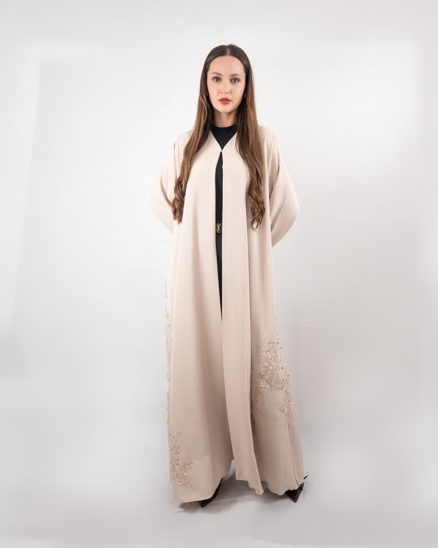 Beige Abaya with Delicate Floral Embroidery