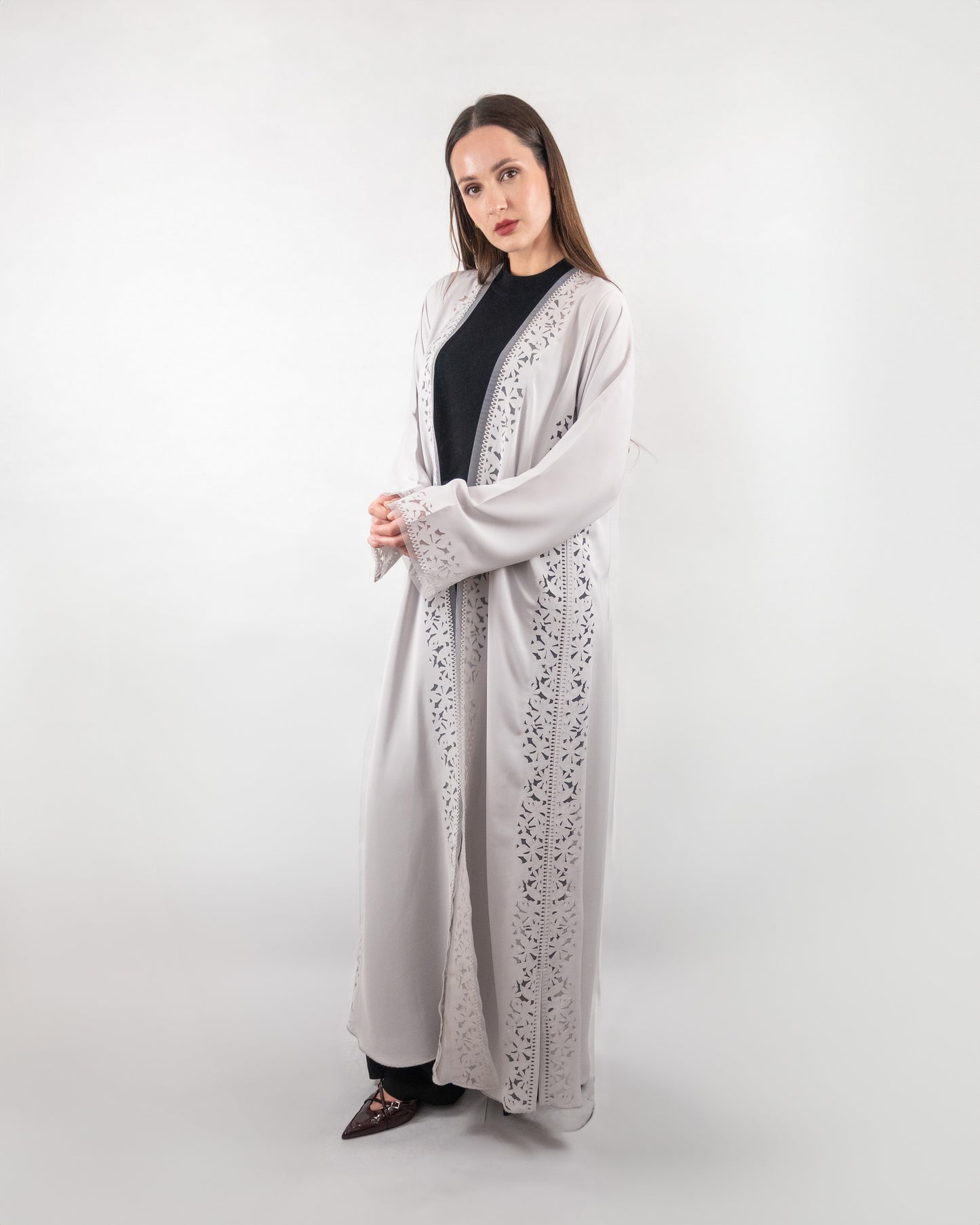 Chic Light Gray Laser-Cut Abaya