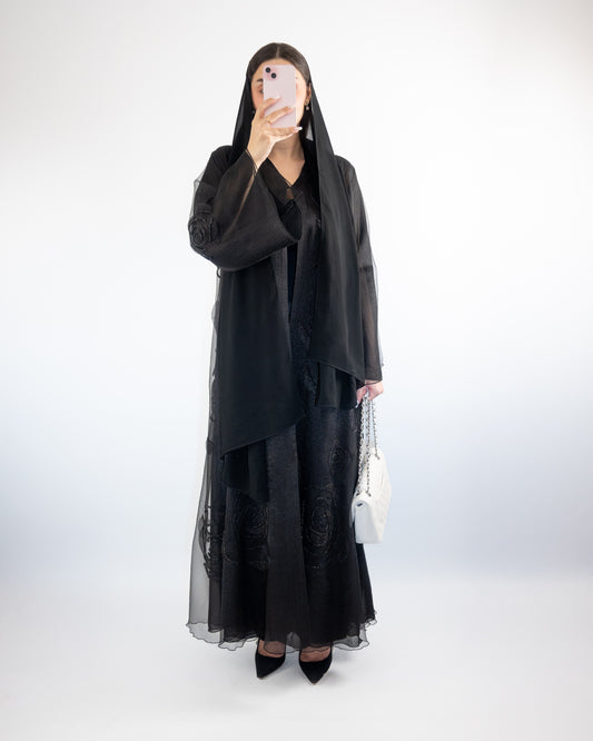 Embroidered Sheer Black Abaya with Matching Hijab