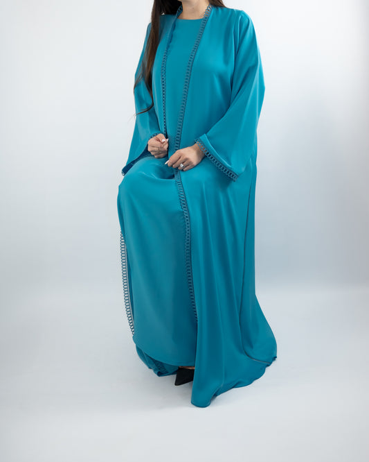 Elegant Teal Blue Abaya with Delicate Trim Detailing