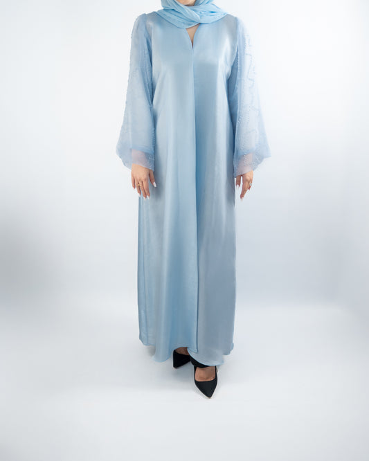 Graceful Sky Blue Abaya with Sheer Embroidered Sleeves