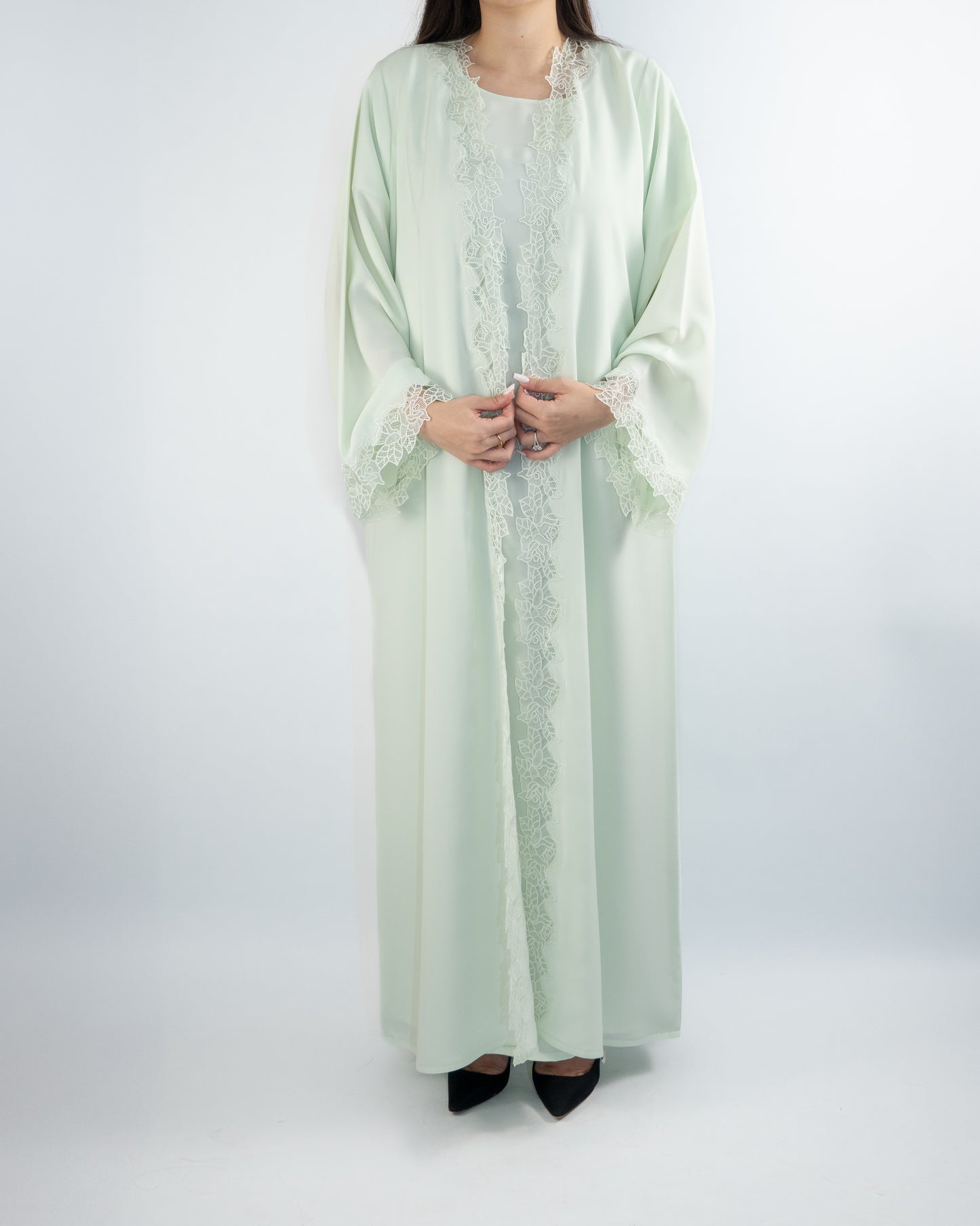Elegant Pastel Green Lace-Trimmed Abaya