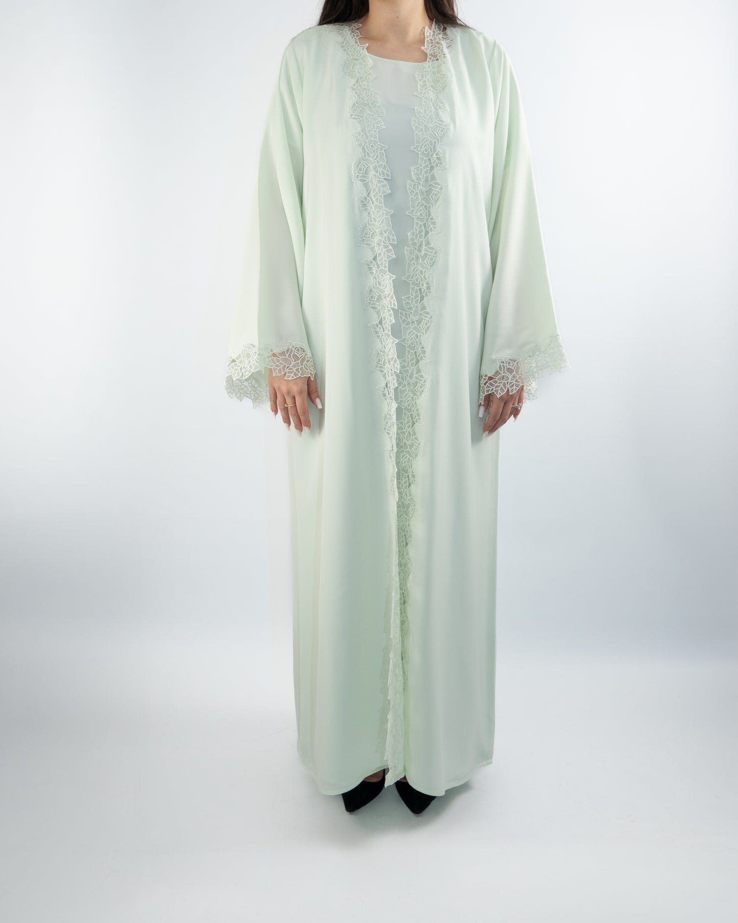 Elegant Pastel Green Lace-Trimmed Abaya